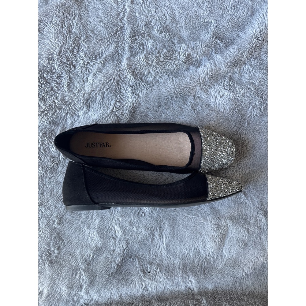 JustFab Crystal Black Mesh Glitter Cap Toe Ballet Flats Womens Size 8.5 - Picture 5 of 6